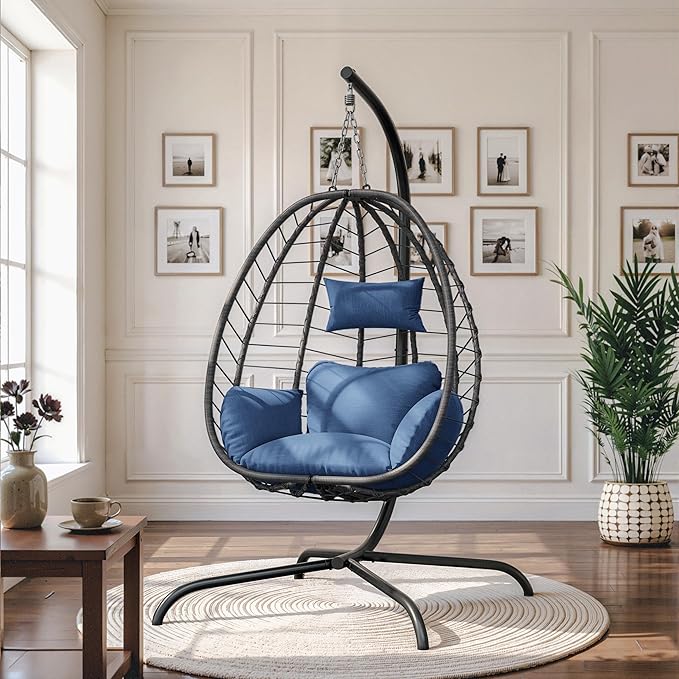 ALAULM Foldable Egg Chair with Stand 485LBS Capacity Wicker Rattan Hammock Swing Chair for Outdoor &amp Indoor Patio Hanging Chair with Strong Frame &amp UV Resistant Cushion for Balcony Bedroom