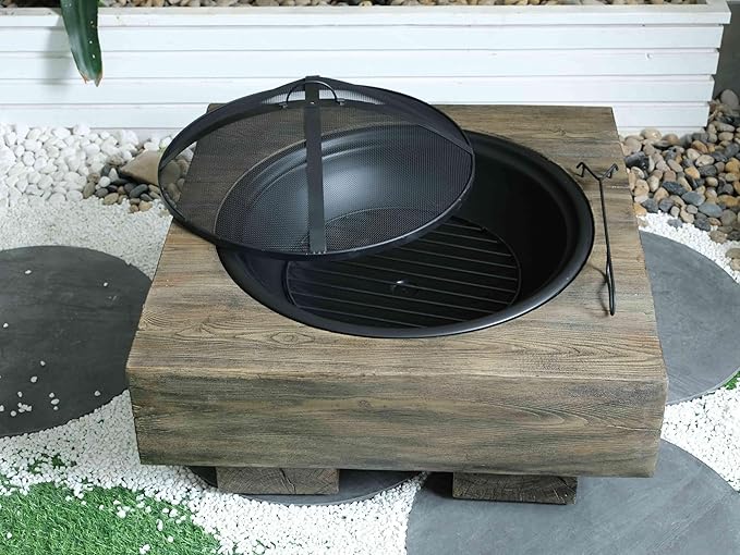 Outdoor Wood Burning Fire Pit with Wood Grain Design Magnesium Oxide Antique Dark Grey 27.4” x 24.4” x 18” for Garden and Patio