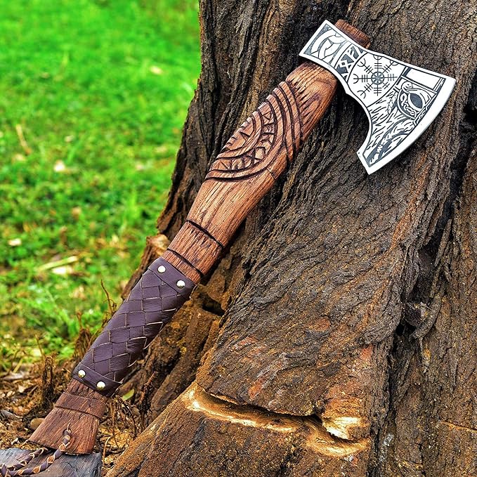 Gentry Choice Engraved Viking Axe Hatche – Hand Forged Blade Ash Wood Handle Leather Wrapped Grip Cowhide Sheath Double Head Design