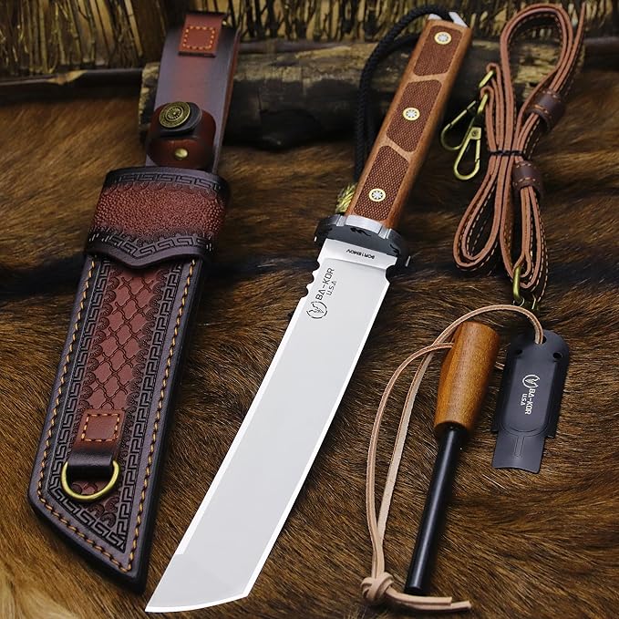 BA-KOR 7mm 9CR18MOV steel (15.6IN) sandalwood handle full Tang fixed knife+scabbard+(single shoulder strap)&amp(5.9IN) cerium igniter suitable for outdoor hunting camping survival EDC tool knife