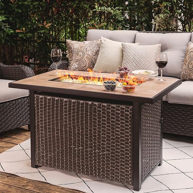 Nuu Garden Propane Fire Pit Table CSA Certified 43 Inch 50000 BTU Outdoor Gas Fire Pit Table with Ceramic Tabletop 7 lbs Glass Stone and Oxford Cover Dark Brown and Coffee