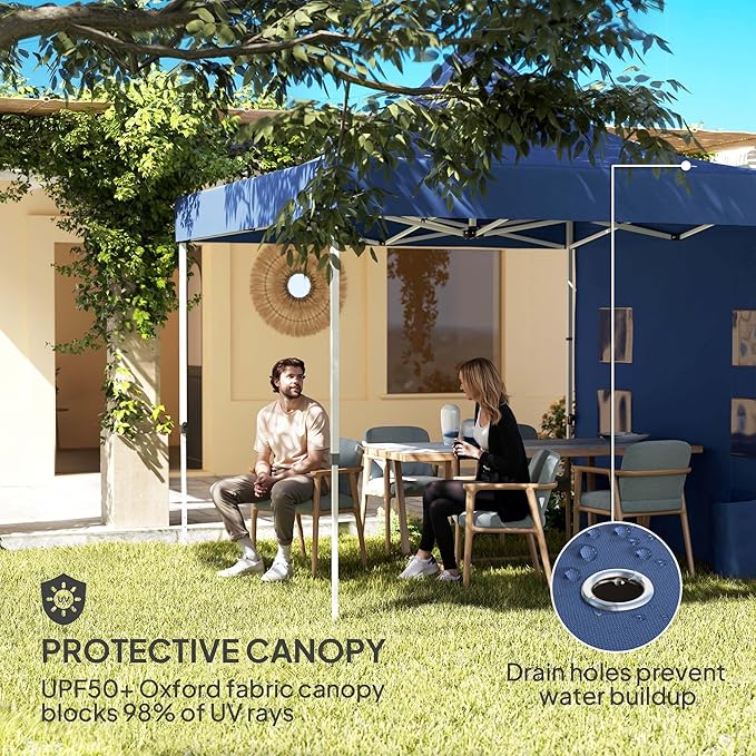 10x10ft Outdoor Shelter with UPF50+ Canopy &amp Sidewall 4 Mesh Pockets 3-Height Settings Sandbag/Stake/Guy Rope Set Dark Blue