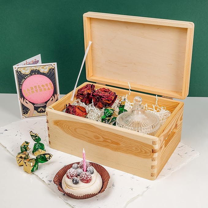 Creative Deco Personalized Wooden Storage Box Birthday Cake | 11.8x7.87x5.51in (+-0.5) | Multiple Choice | Hinged Lid Handles &amp Engraving | Birthday Gift Box | Rough UNSANDED Keepsake Memory Souve