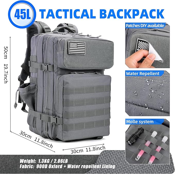 gracedon Tactical Backpack for Men 3 Day Rucksacks for Trekking Camping (grey)