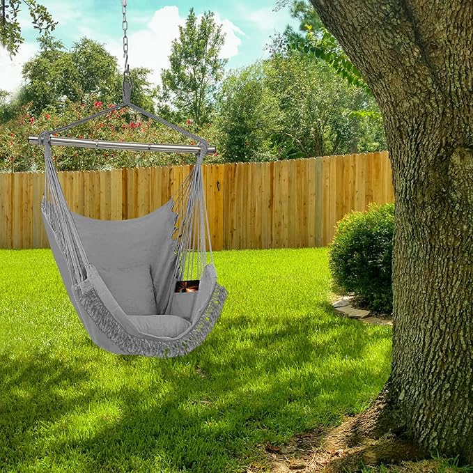 Gold Armour Hammock Chair Hanging Rope Swing Max 500lbs 2 Seat Cushions Included Hanging Chair with Pocket-Quality Cotton Weave for Superior Comfort &amp Durability (Gray)