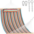 Lazy Daze Hammocks 12 FT Quilted Fabric Double Hammock with Spreader Bars and Detachable Pillow 450lbs Weight Capacity Bright Stripe