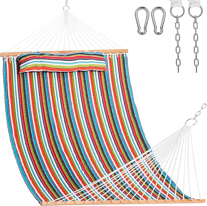Lazy Daze Hammocks 12 FT Quilted Fabric Double Hammock with Spreader Bars and Detachable Pillow 450lbs Weight Capacity Bright Stripe