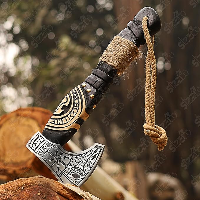 Custom Gift Black Forged Carbon Steel Viking Style Axe Bearded Axe with Rose Wood Shaft Tomahawk - Real Hatchet Best Gift for Anniversary Birthday Premium Leather Sheath