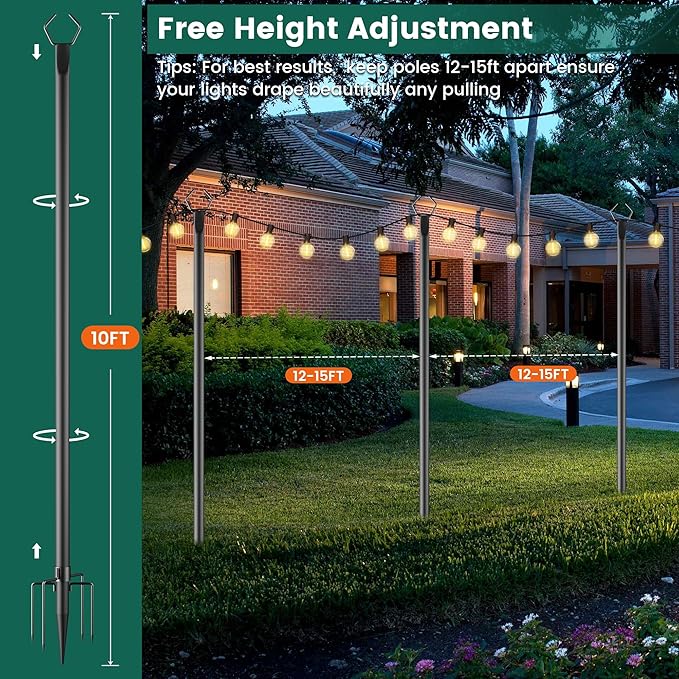 OHLUX 4 Pack 10FT String Light Poles Outdoor Poles with Fence Brackets for Hanging Lights Metal Stand for Patio Backyard Yard Deck