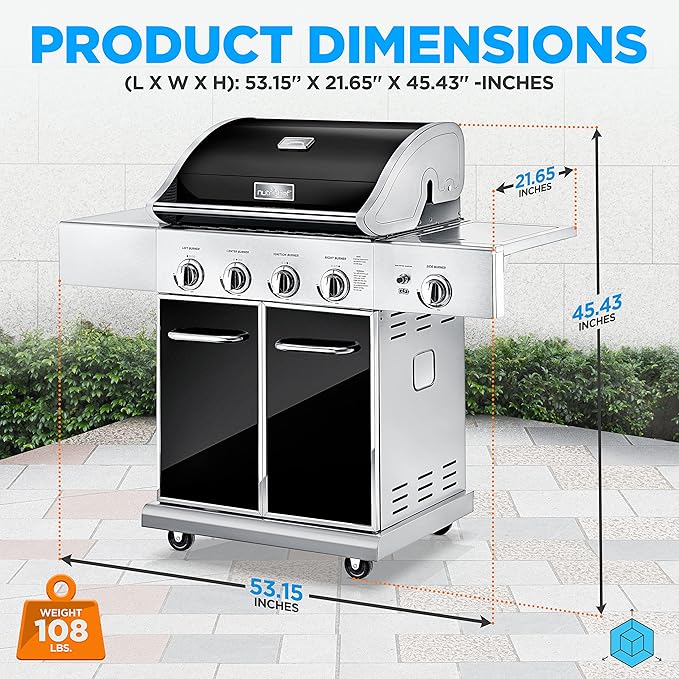 NutriChef 52000 BTU 5-Burner Stainless Steel Propane Gas Grill with Portable Design Electronic Ignition Built-in Thermometer and Heavy-Duty Construction