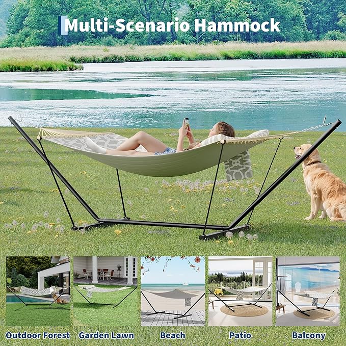 Double Hammock with Stand - Heavy Duty Portable 2 Person Design with Adjustable Steel Stand Max 450LBS Ideal for Outdoor Patio Garden Beach &amp Backyard
