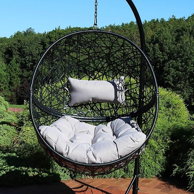 Sunnydaze Jackson Resin Wicker Hanging Egg Chair - 265-Pound Weight Capacity - Removable Gray Polyester Cushions