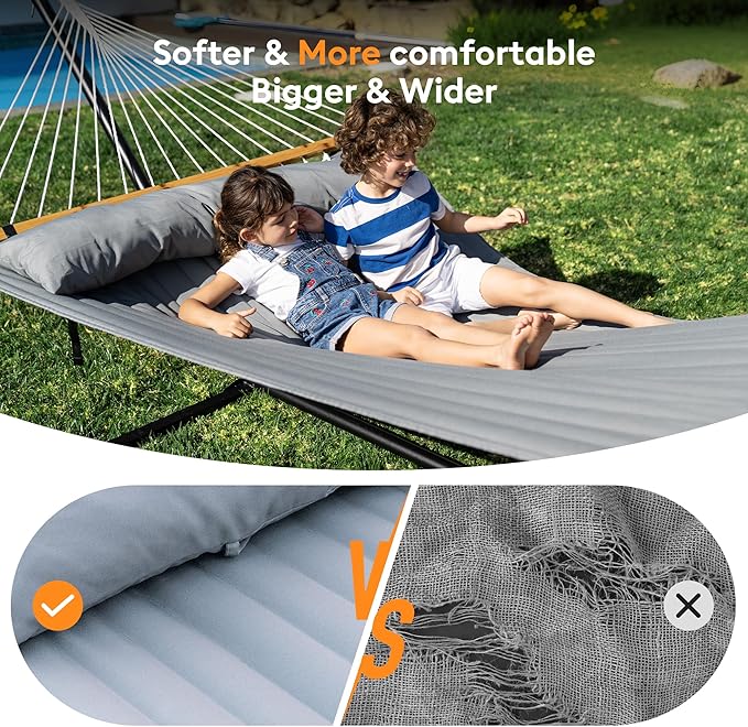 Everyfun Double Hammock with Spreader BarSoft PillowMax Load 500lbsPortable Hammock for OutdoorCampingand BackyardDark Gray