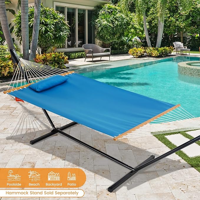 Lazy Daze Hammocks 12 FT Sunbrella Fabric Hammock not Fading with Spreader Bars and Free Pillow Fits for 2 Persons All Weather and Fade Resistant for Patio Yard 450 lbs Capacity Canvas Pacific Blue