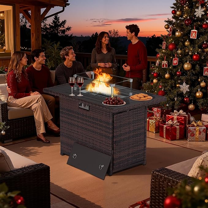 EortheX 44 Inch Propane Fire Pit Steel Gas Fire Feature Table with Iron LidGlass Rock Rain Cover and Tempered Glass Wind Guard for Outside Garden Backyard Deck Patio
