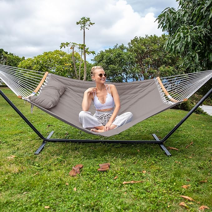 SUNCREAT Hammocks Portable Hammock with Frame Backyard Double Hammock with Curved Spreader Bar Brown