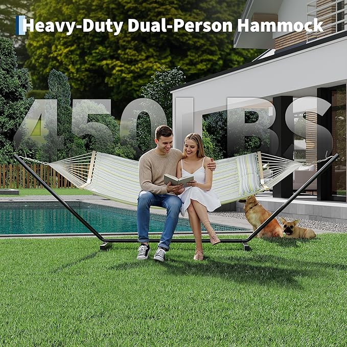 2 Person Double Hammock with Adjustable Steel Stand &amp Pillow Heavy Duty Portable Outdoor Hammock Set MAX 450 LBS Weight Capacity for Patio Garden Beach Backyard