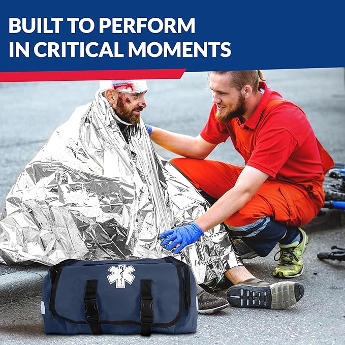 First Responder Trauma First Aid Kit Bag – Fully Stocked Emergency Medical Kit for Workplace Vehicle &amp Home – OSHA &amp ANSI Compliant – Portable – Blue