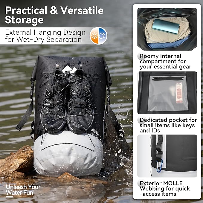 MARCHWAY Floating Roll Top Dry Bag Flexible Lightweight TPU Waterproof Backpack 20L/30L/40L with Padded Straps for Boating Kayaking Swimming Hiking Beach (Black 40L)
