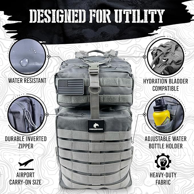 AMERICANPHOENIX 45L Elite Tactical Backpack | 3X Stronger Work &amp Military Backpack | Water Resistant and Heavy Duty | 3 Day MOLLE Bug Out Bag (Arctic Grey)