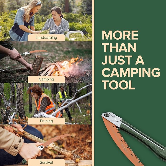 LAGOM Folding Camp Saw for Cutting Branches 11.4 Curved Blade | SK5 Steel Ergonomic Handle One-Hand Use Secure Lock | Foldable Pruning Tool for Camping Gardening Survival Kayaking Outdoors