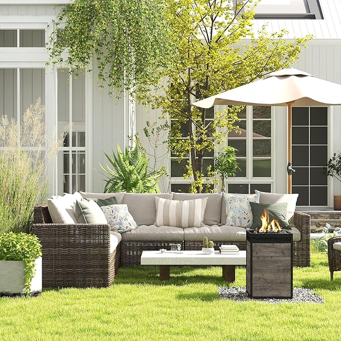 Afterglow Terrafab Grey Panels with Steel Frame 16 Square 40000 Btu Propane Fire Column Outdoor Wood Effect Fire Pit for Outdoor Patio Garden Backyard Decking Decor CSA Certificated