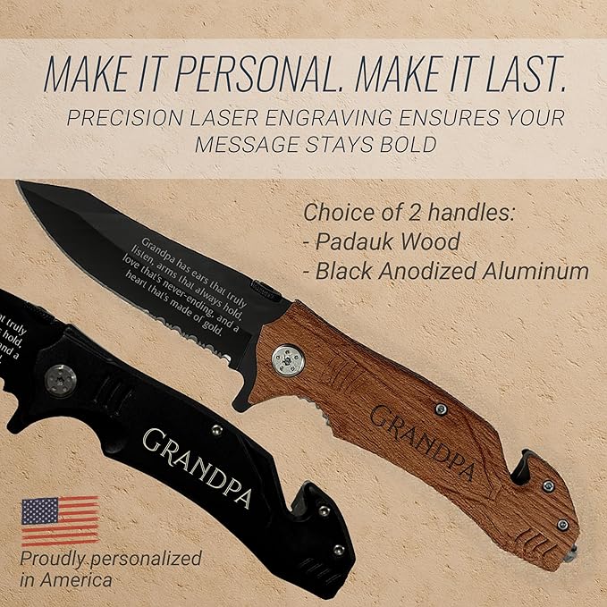 Personalized Pocket Knife for Men with Clip | Laser Engraved Message Folding Utility Knife Tactical Switchblade for Camping Hunting Rescue | Custom Birthday Gift for Dad Husband Groomsmen Gifts