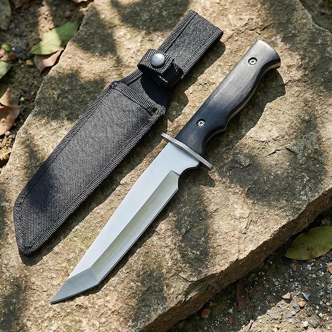 12.7 Fixed Blade Survival Knife with Sheath - High Hardness Quenched Stainless Steel Outdoor Knife - Classic Solid Wood Handle Spine - Professional Utility Tool for Camping Hunting &amp Bushcraft