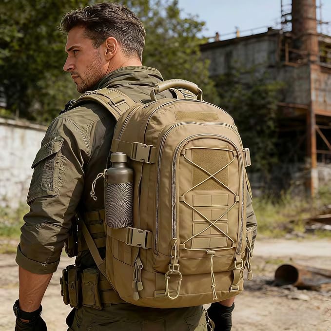 Large Tactical Military Backpack for Men - Molle DIY System Bag for Travel Work Camping Hunting &amp Hiking (Khaki-A)