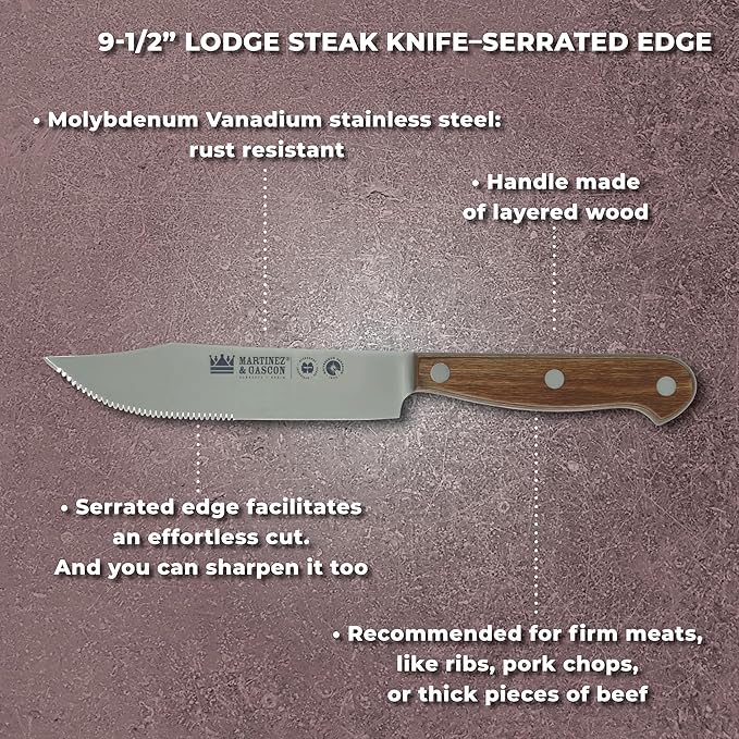 Lodge Steak Knife &amp Fork Set – Serrated Blade – Molybdenum Vanadium Stainless Steel - Layered Oak Wood Handle - Excellent choice for informal or formal BBQs - Set includes 1 Knife &amp 1 Fork