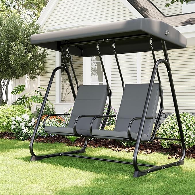 2-Person Patio Swing Chair with Adjustable Canopy - Heavy Duty Outdoor Swing Glider with Removable Cushions for Porch Garden Poolside &amp Backyard Relaxation Dark Grey