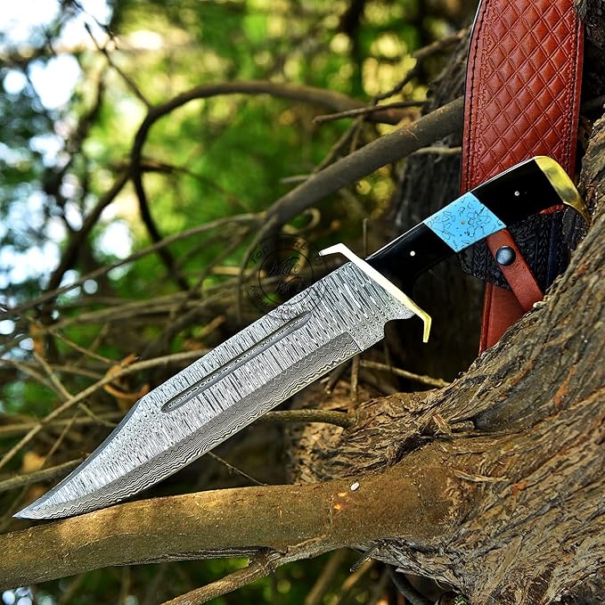 Damascus Steel Western Outlaw Bowie Hunting Knife Fixed Blade Survival &amp Hunting Knife Camping Bushcraft EDC - Gift for Men Premium Leather Sheath KKH-69