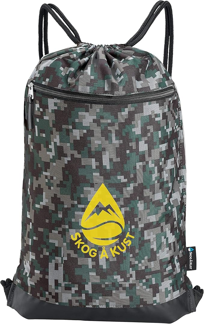 Skog Å Kust GymSak | Patented 2-in-1 Drawstring Cinch Bag with Removable Waterproof Dry Bag | Camo &amp Yellow