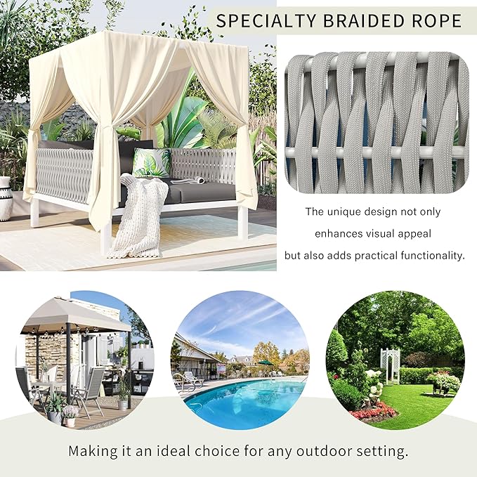 Polibi Outdoor Patio Sunbed with Beige CurtainsOutdoor Sun Lounger Bed with PillowsRubber Core Rope Weaving Outdoor Double Chaise Lounge Suitable for PoolGardenGray+Beige