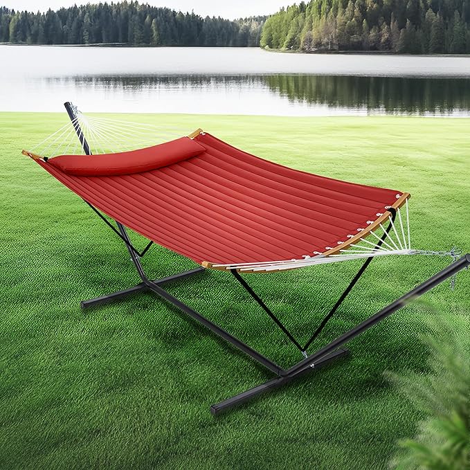 SUPERJARE Hammock with Stand 2 Person Heavy Duty Hammock with Padded Cotton Detachable Pillow &amp Strong Curved-Bar &amp Portable Carrying Bag Perfect for Outdoor &amp Indoor Red
