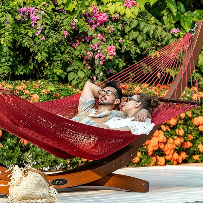 Lazy Daze Hammocks 10.5 FT Double 2 Person Caribbean Rope Hammock Hand Woven Polyester Hammock with Spreader Bars for Outside Outdoor Backyard Patio Poolside 450 LBS Capacity Red