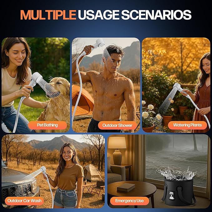 Mytrix Portable Camping Shower Pump with Foldable Bucket 10L/Min High Flow 7800mAh Rechargeable Battery 4 Spray Modes IPX8 Waterproof Outdoor Shower for Hiking Travel &amp Pets
