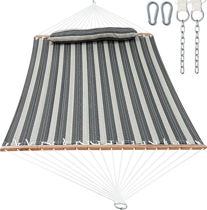 GAFETE Hammock 2 Person Quilted Fabric Hammocks for Outside Double 12ft Hammocks with Spreader Bar Large Removable Pillow Storage Bag Carabiners Max 475 lbs Capacity (Mountain Mist Gray)