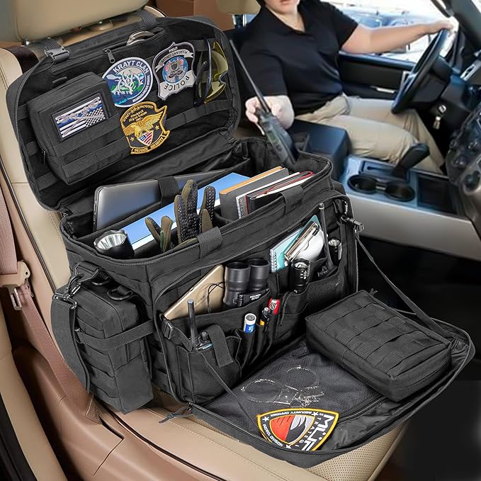 samdew Patrol Bag Law Enforcement Duty Bag for Police Equipment with 2 Detachable MOLLE Pouches &amp Laptop Layer (up to 15.6) Bailout Tactical Organizer for Car Front Seat Black