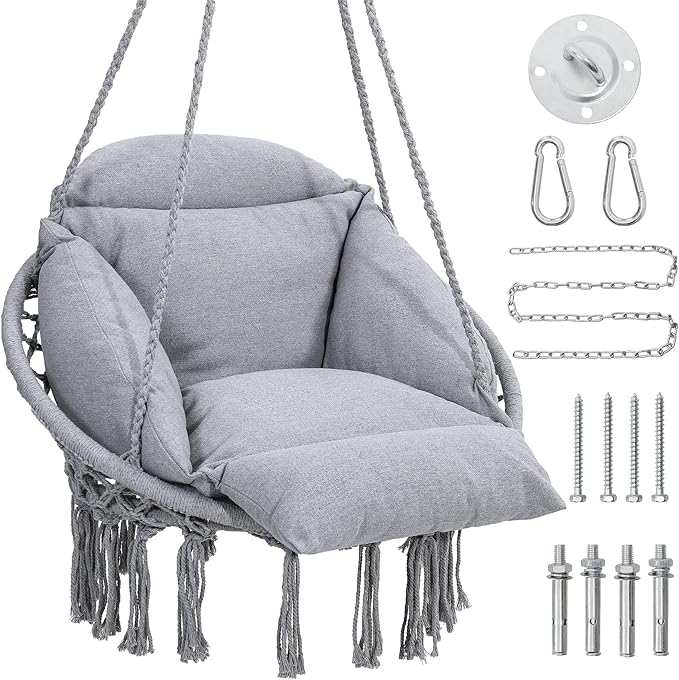 Macrame Hammock Hanging Swinging Chair with Oversized Cushion Perfect for Bedroom Porch Kids Adults Balcony Grey
