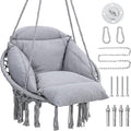 Macrame Hammock Hanging Swinging Chair with Oversized Cushion Perfect for Bedroom Porch Kids Adults Balcony Grey