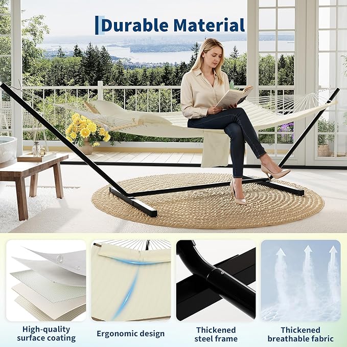 2 Person Outdoor Hammock with Stand 450LBS Capacity Heavy Duty Hammock with Carrying Bag &amp Soft Pillow Portable Indoor Outdoor Hammock Perfect for Backyard Patio Beach