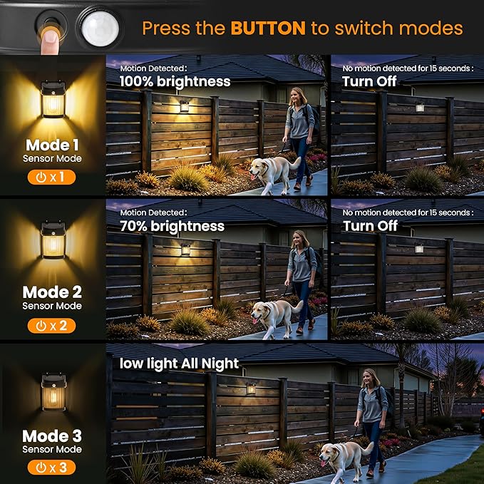 PEVOROS Solar Fence Lights 4 Pack Solar Motion Fence Deck Lights Outdoor 3 Modes for Step Wall Step Shed Patio Front Door Garage (6x3.6x2.2 inch)