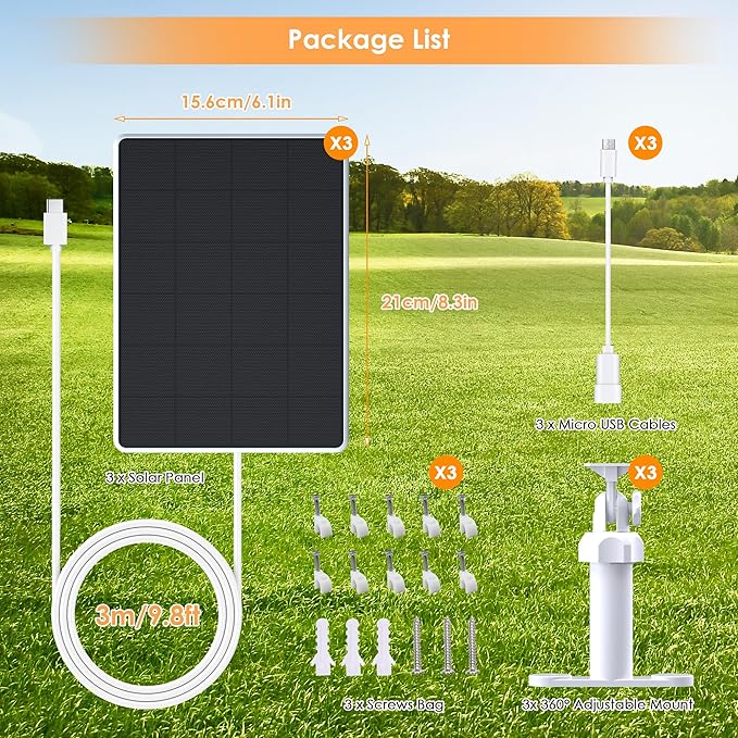 Solar Panel for Security Camera6W Solar Panels with Micro USB&ampUSB-C Port for DC 5V Outdoor CameraSolar Charger for Rechargeable Battery CameraIP65 Waterproof360° Adjustable Mount9.8ft Cable (