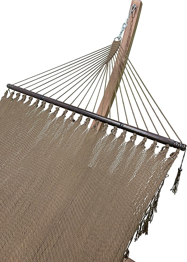 14 Ft. Wooden Arc Hammock Stand + Deluxe Hand Woven Bohemian Chic Rope Hammock Bed. 2 Person Bed. 450 LB Capacity(Teak Stain/Brown)