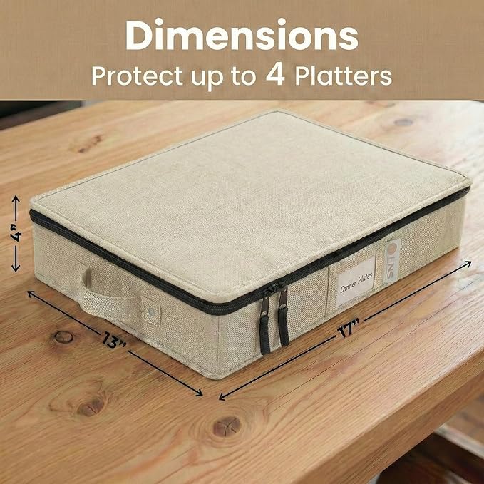 Platter Storage Containers - Hard Shell Protection for Fine China Sturdy Dish Organizer with Dividers for Seasonal Storage Moving &amp More - Protects up to 4 Platters (Beige)