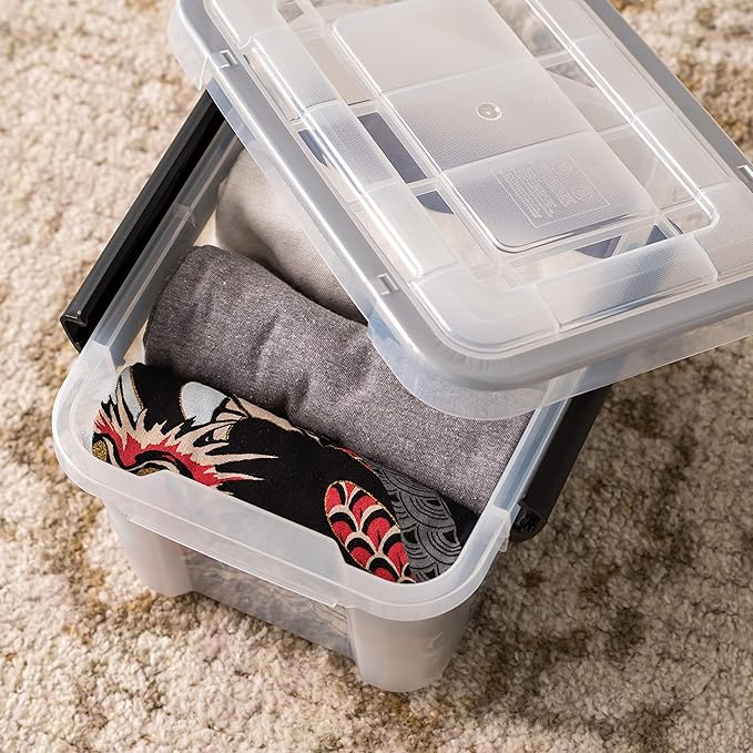 IRIS USA WeatherPro 6 Qt Storage Bins with Lids 6 Pack BPA-Free Plastic Gasket Box with Tight Latch and Seal Stackable Nestable Tote Tub - Clear/Black