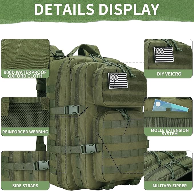 45L Military Tactical Backpacks 3 Days Assault Pack Bag Fitness Rucksack 3 Day Bug Out Bag Hiking Treeking Molle Daypack (ArmyGreen)