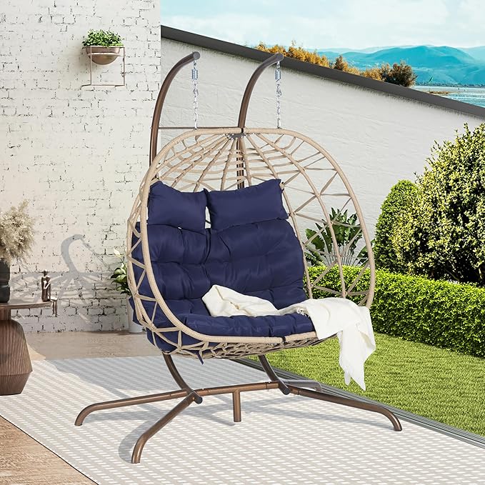 KEIKI Double Swing Egg Chair with Stand Patio Rattan Wicker Hammock Egg Chair with UV Cushion 2 Person Outdoor Indoor Hanging Basket Chair 600LBS Capacity for Balcony Dark Blue and Khaki