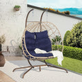 KEIKI Double Swing Egg Chair with Stand Patio Rattan Wicker Hammock Egg Chair with UV Cushion 2 Person Outdoor Indoor Hanging Basket Chair 600LBS Capacity for Balcony Dark Blue and Khaki